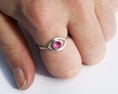 Evil Eye Ring w/ Ruby, Eye Ring with Ruby Spike, Sterling Silver, Bezel Set Upside Down Ruby