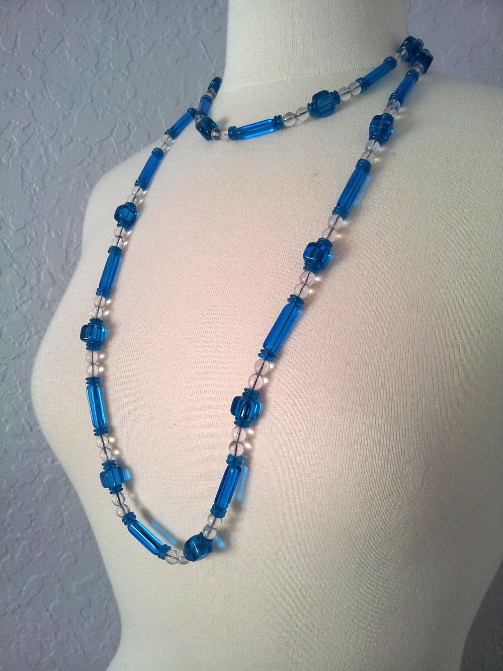 Vintage 1920s Blue Glass Crystal Bead Flapper Necklace
