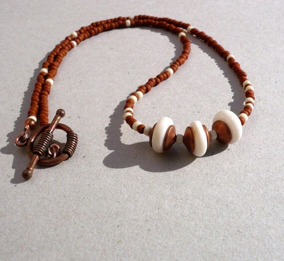 Copper And Ivory Necklace. Shell and Copper Beaded Necklace.Upcycled necklace.