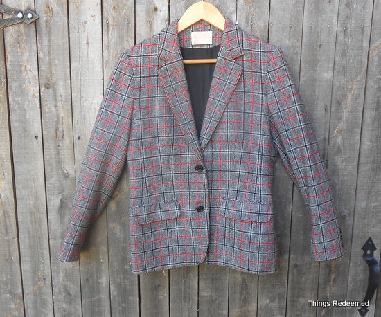70s Pendleton Wool Blazer Jacket Plaid Red Gray Warm Winter Fall Christmas Tailored Fitted Secretary Vintage Medium M