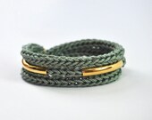 Wrap bracelet or necklace with gold tubes in green, cotton cord, knit bracelet
