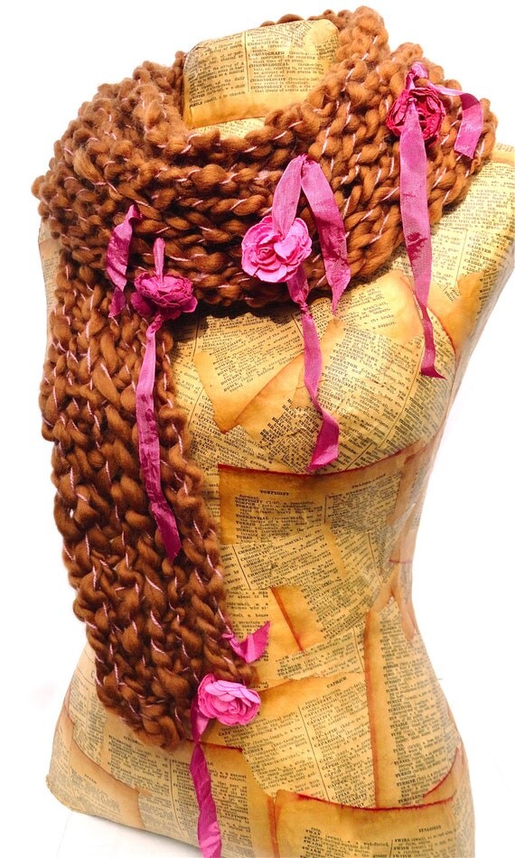 SUMMER SALE Brun Rose Scarf Handspun Chunky Knit by AudreyKnitted