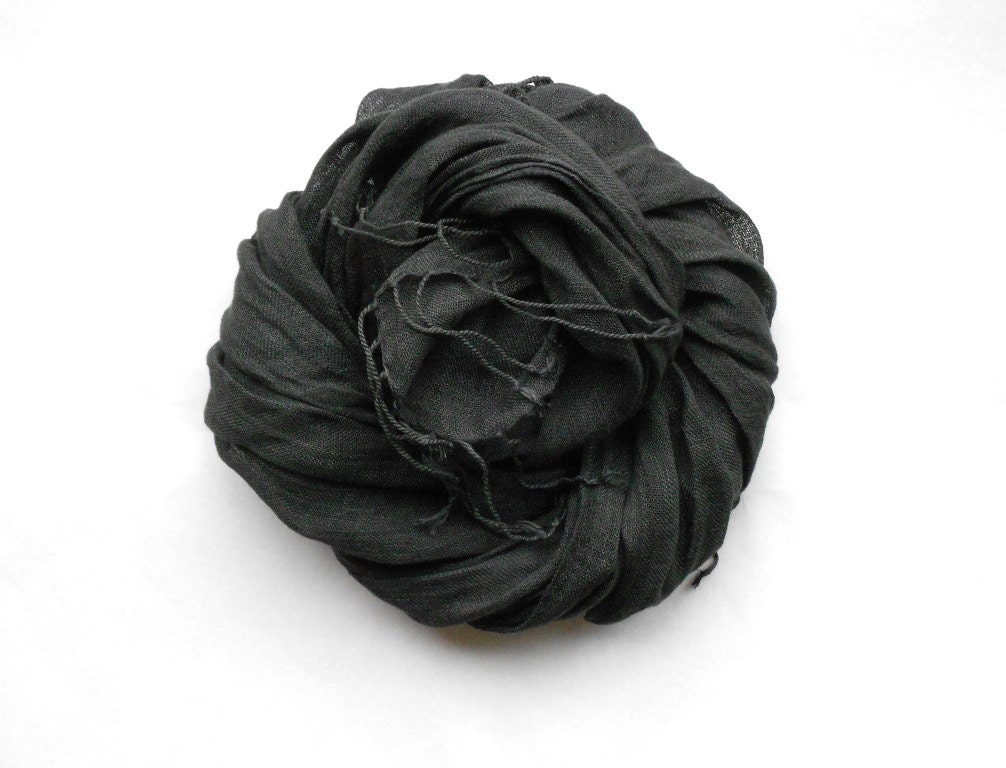 Black Linen Scarf Womens Head or Neck Scarf with cute Flower Brooch