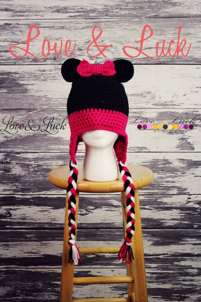 Minnie Mouse Inspired Crochet Hat for Baby Toddler, Child Teen Adult With Ear Flaps and Bow