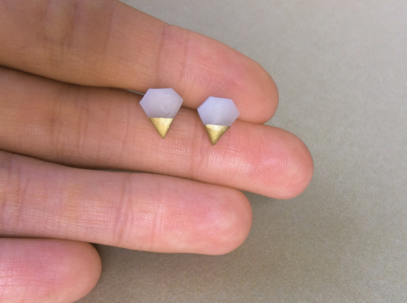 Gold Dipped Tiny Diamond Studs, Diamond jewelry, Diamond Shape Earrings, Translucent White, Geometric Earrings
