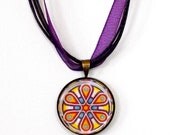 Glass Pendant Necklace - Yellow, Red, Purple Mod Art Design - 1 Inch Round Tile - Vintage Bronze Tray - Purple Ribbon and Cord Necklace
