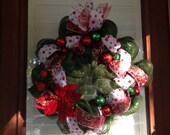 Christmas Wreath - Poinsettia - Green and Red - Holiday Wreath - Deco Mesh Wreath
