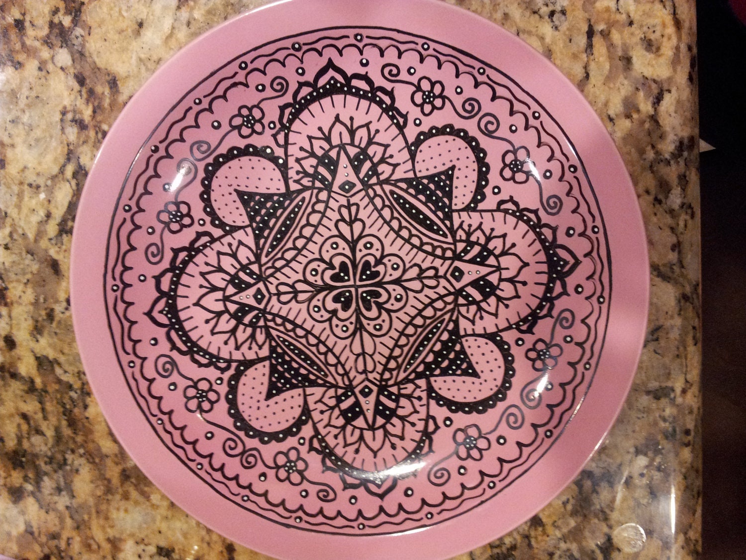 Hand-Painted Decorative Plate-Large Black on Pink
