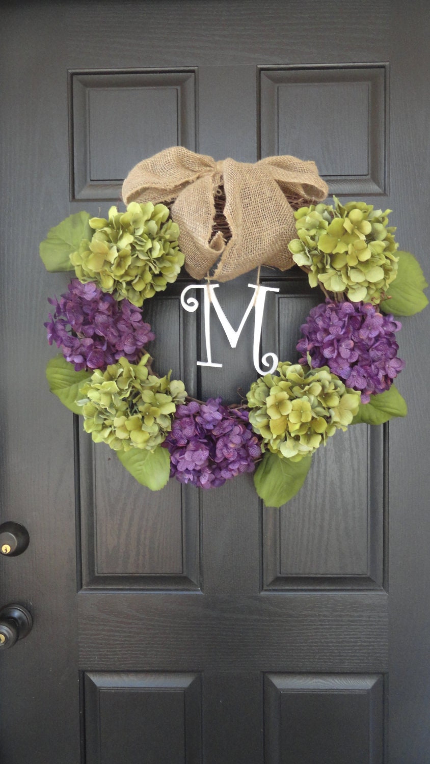 24" Year Round Green and Blue, Purple, or Brown Hydrangea Wreath, Summer, Wreath, Fall Wreath, Spring Wreath, With Initial Monogram
