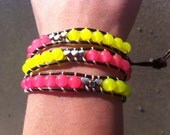 Bright Colored Handmade 6mm Neon Pink Yellow Jade Gemstone Beads Silver Heart Beads Heart Button Leather Wrap Bracelet