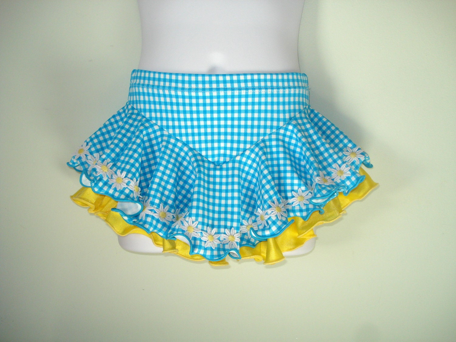 Daisies - Child XS Ice Skating Skirt, Blue Gingham with Yellow Underskirt and Daisy Trim