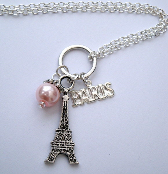 Paris Eiffel Tower charm necklace, silver charms, pink glass pearl bead