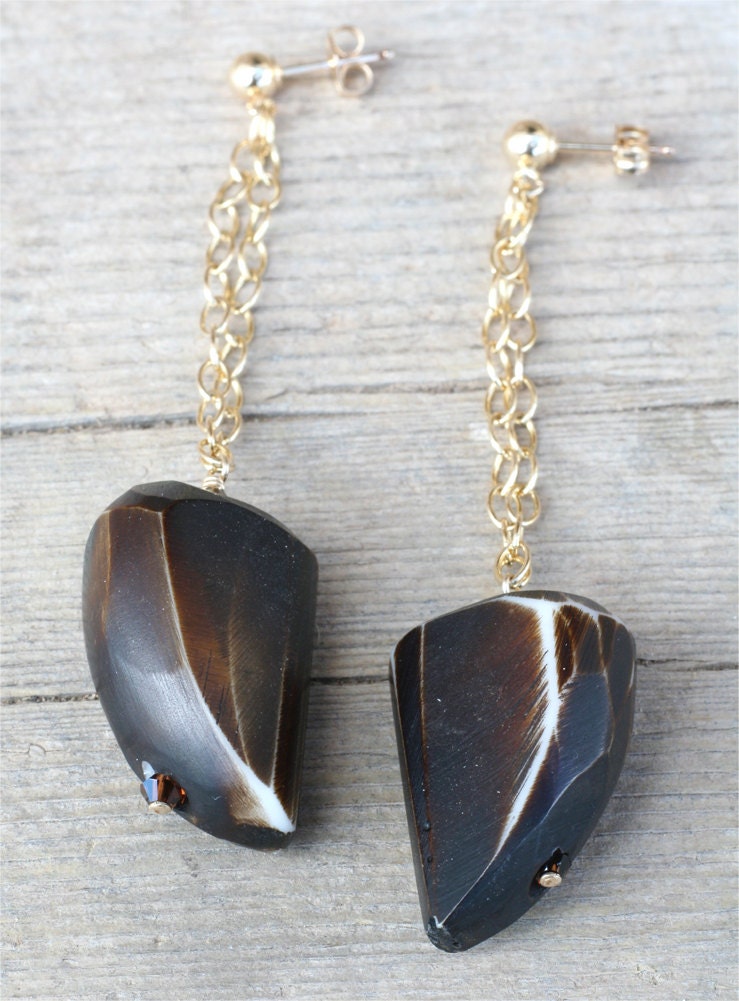 long post earrings bold jewelry chunky earrings southwestern jewelry bone and gold chain brown earrings tribal earrings bohemian