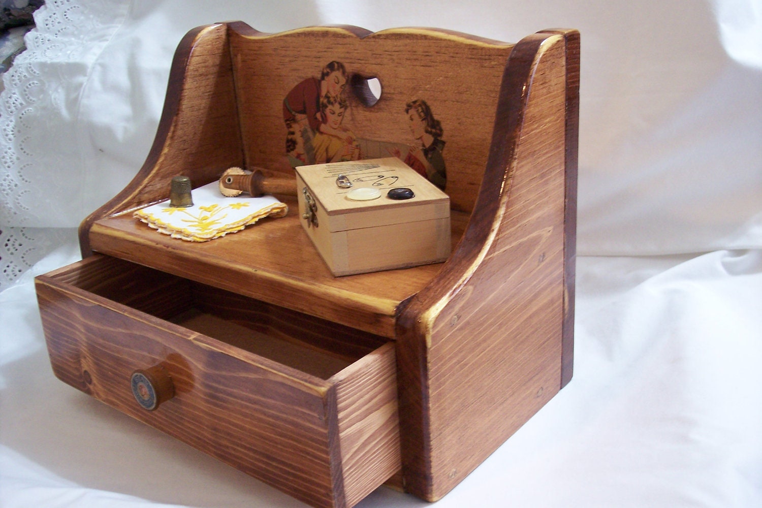 Sewing Storage Box  - wood box - with 1950's Details and Small Accent Box  - Organize Sewing Items.