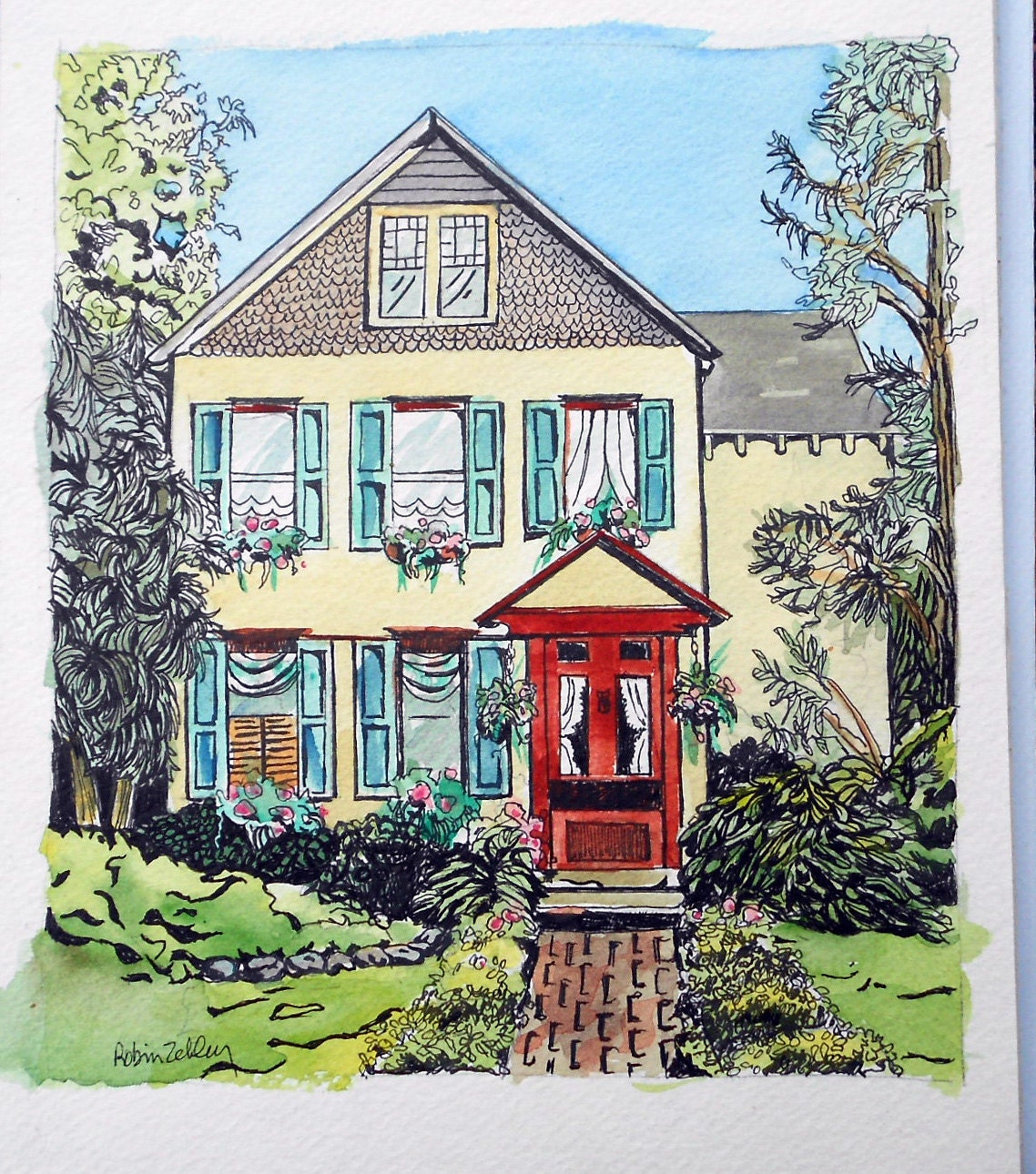 House portrait Watercolor & Ink painting, 11 x 14 custom house watercolor and ink painting
