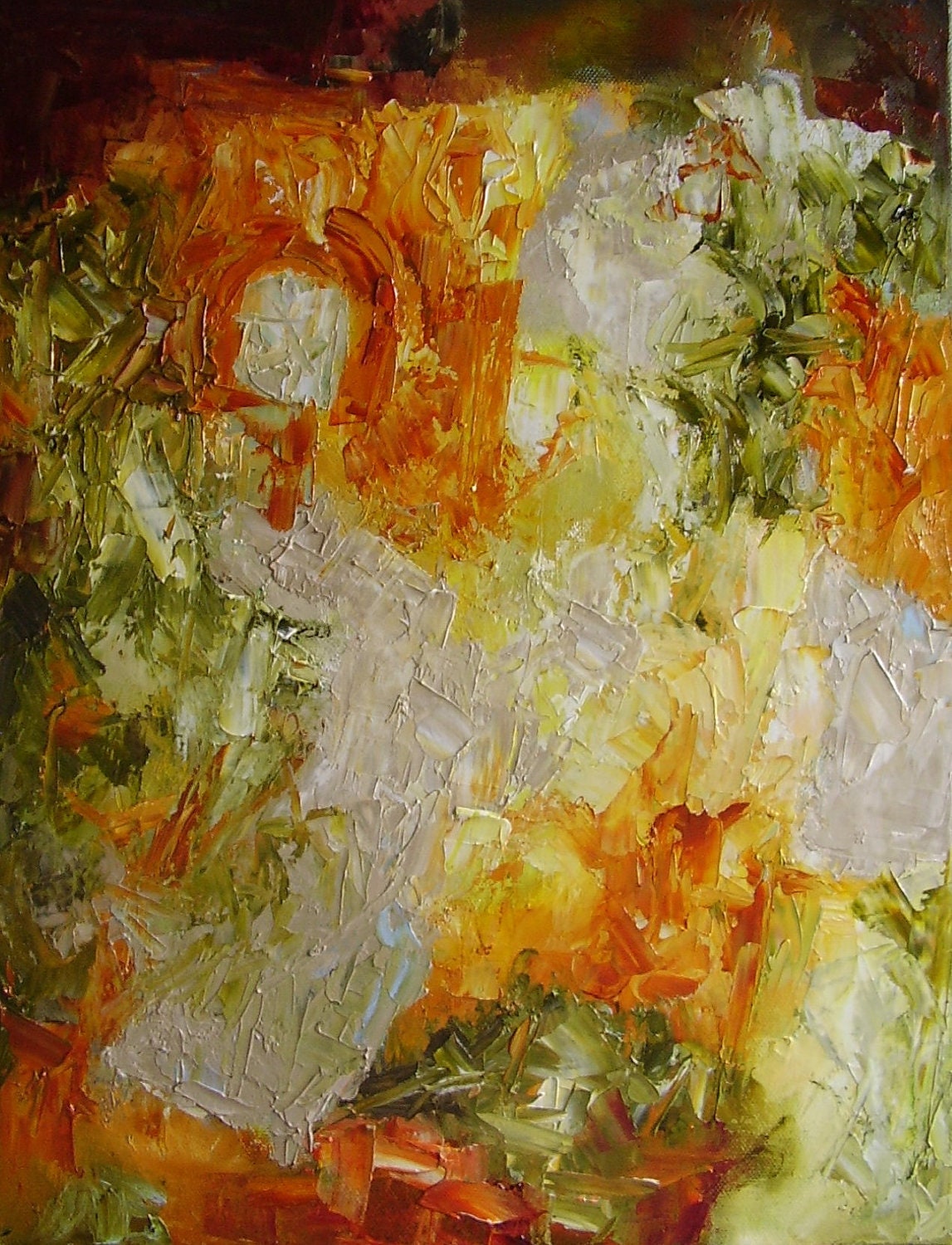 Oil painting, abstract, autumn colours, orange, amber, yellow, green, pale grey, 16 x 12 inches