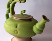 Teapot Green Lime, Spring, Avocado and Purple, Mauve, Beige, Altered with Curly Handle Funky, Quirky, Crazy, Mad, Functional,