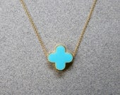 Turquoise Clover Necklace / Lucky Four Leaf Clover Necklace / Gold Clover Necklace / Quatrefoil Necklace