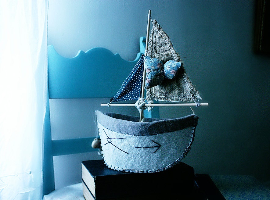 sailboat in full bloom. talisman. hand stitched, textile soft sculpture. ready to ship