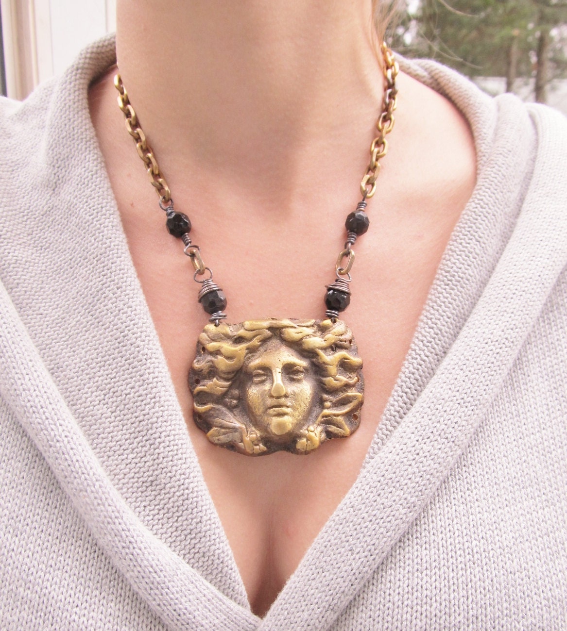 Metal Bib Necklace Art Nouveau Jewelry Woman Face Mythological Jewelry Brass Hardware Jewelry DanielleRoseBean Statement Necklace Metal Bib