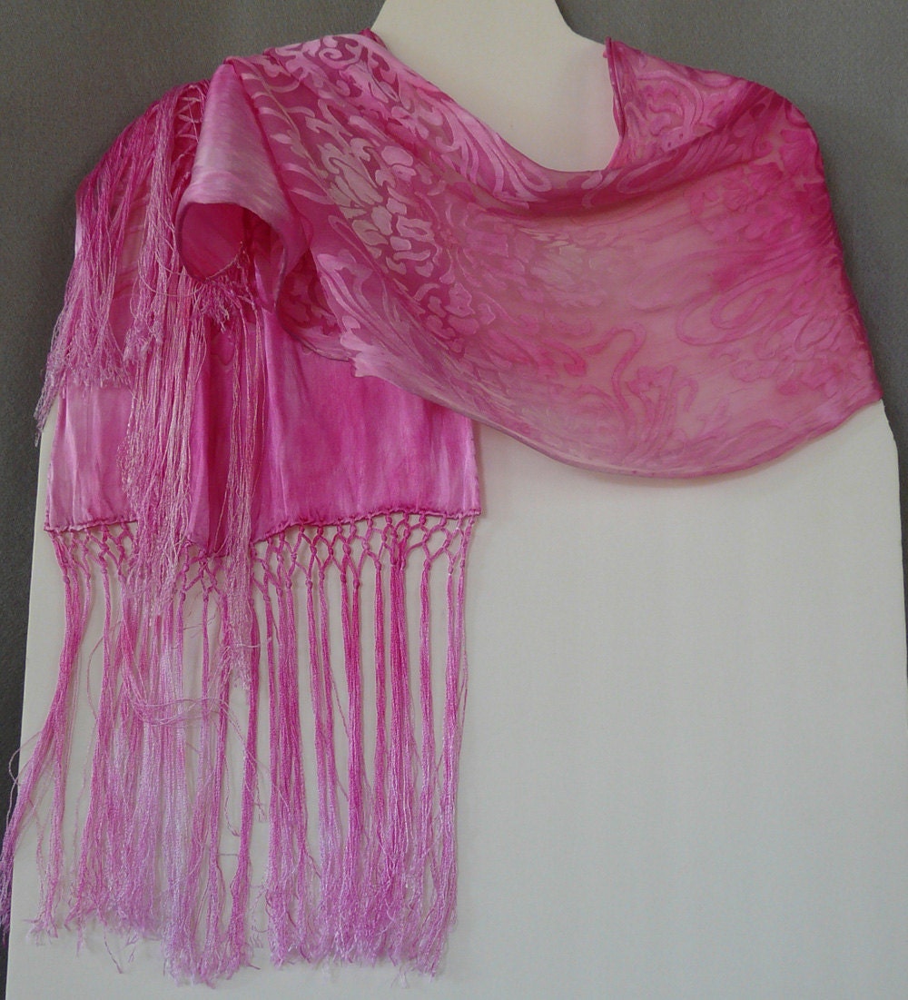 Silk Burnout Scarf, Hand Dyed, Art Noveau, Pink, Spring Beauty