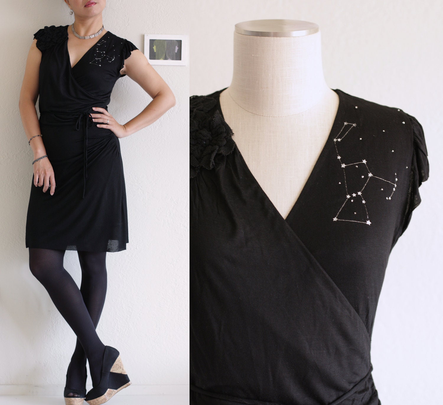 Black Cotton Cap Sleeve Sheath Party dress with V neck Knee Length . Office Fashion- Constellation/The hunter - size S