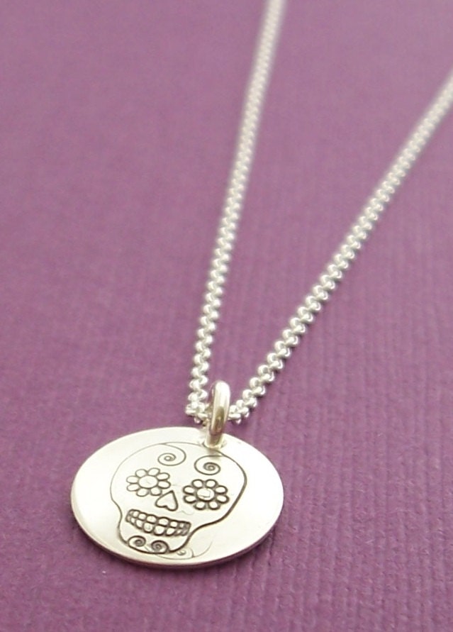 Sugar Skull Necklace in Sterling Silver - Day of the Dead - Dia de los Muertos - Hand Stamped Charm Necklace - Minimal Jewelry