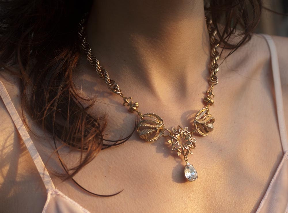 Bridal Necklace - Gold Chain with Crystal Drop - Romantic Estate Style - Antique Look - Rhinestone and Golden Filigree