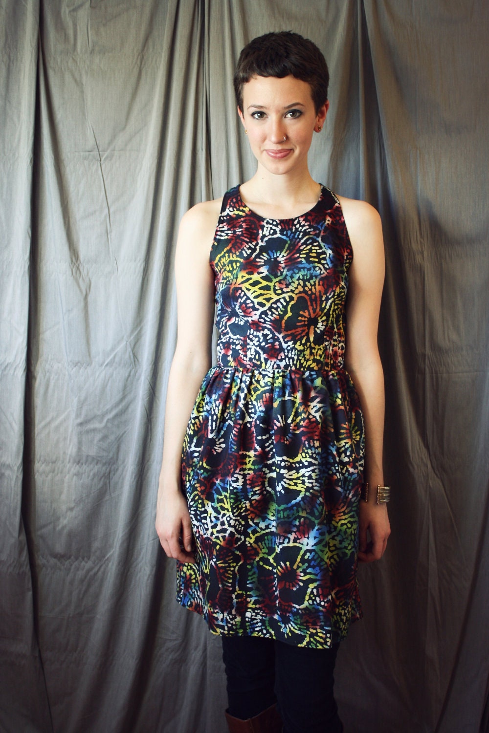 Black Friday Sale-Sleeveless Dress with Large Floral Tribal Print- Neon Dress- Sleeveless Racerback Frock
