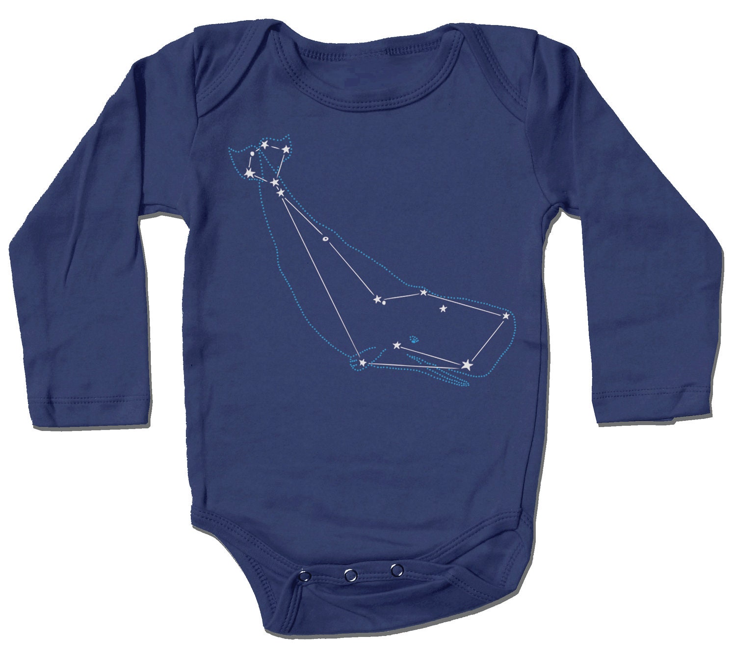 Whale Cetus Baby Onesie - animal star constellation print, metallic silver foil screenprint, navy blue long sleeve bodysuit
