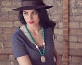 SALE. Turquoie Howlite Stone Statement Necklace. Long Length. White Stones.