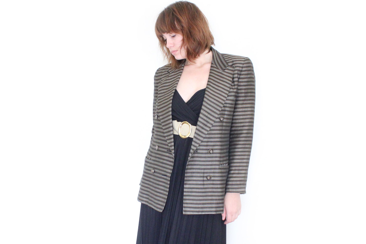 80s Double Breasted Jacket - Gray and Black Vintage Striped Blazer - S