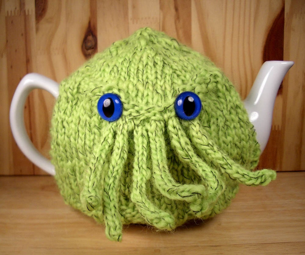 Cthulhu Tea Cozy - a warm, whimsical, hand knit sweater for your teapot - You choose color and eyes