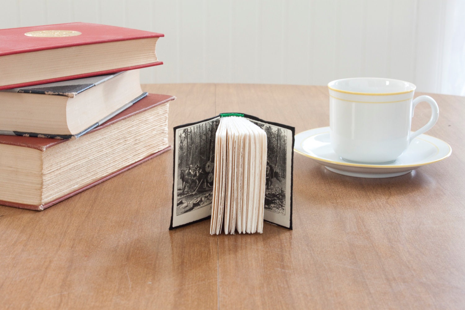 Mini Black Leather Book with Vintage Inlay - Journal / Sketchbook