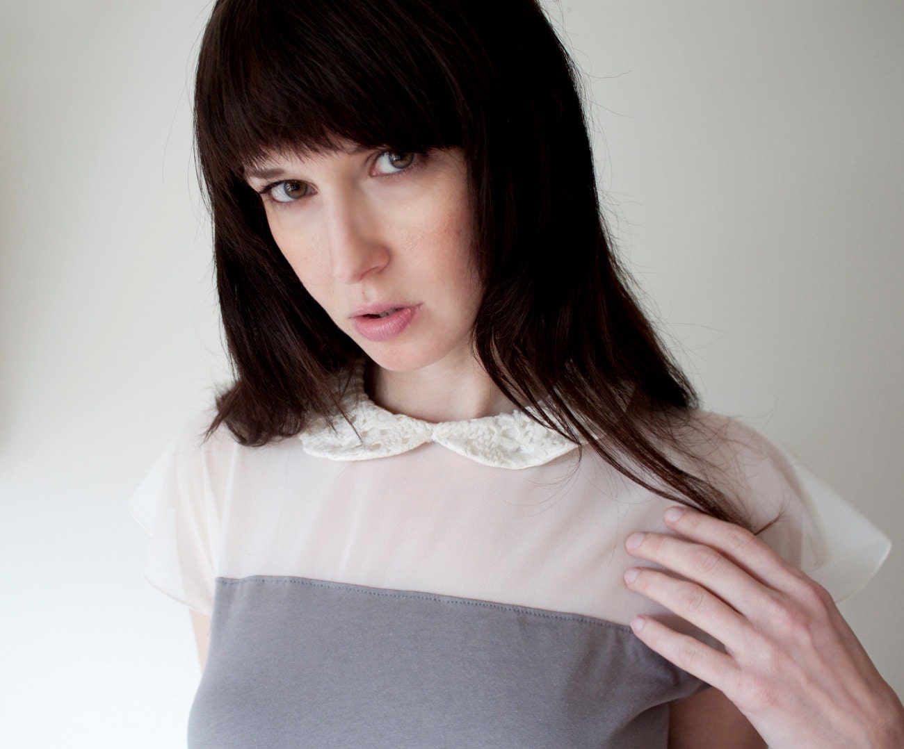 Grey peter pan collar tunic -modern bohemian street style, sheer mesh top high low hem - medium