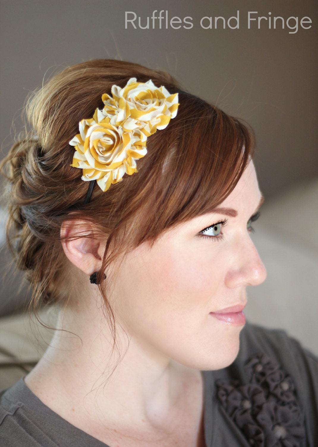 Mustard Stripes Shabby Flower Headband for Women and Girls