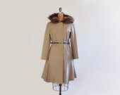 vintage princess coat - lined trench coat - fur trimmed hood - flared skirt - size medium