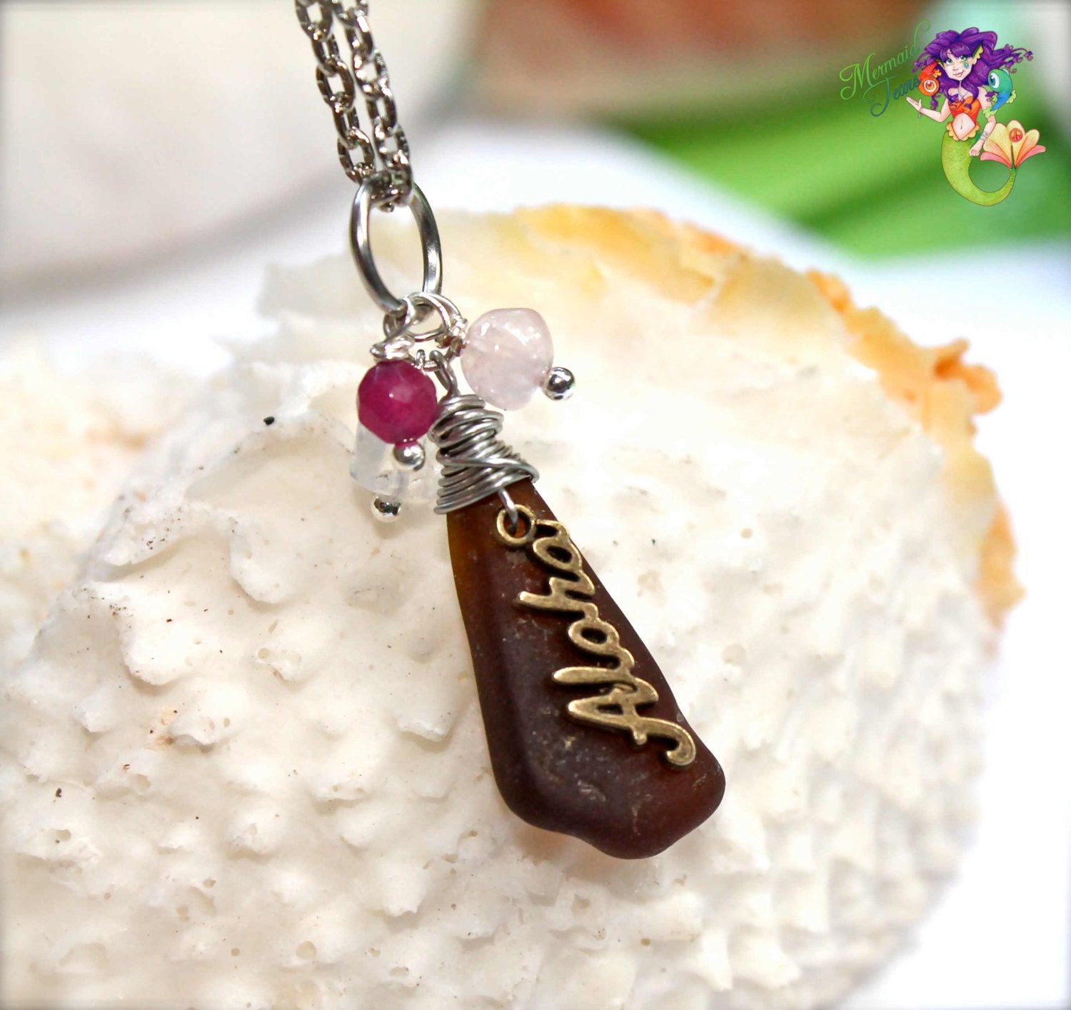 Sea Glass Jewelry from Hawaii, aloha charm Hawaiian necklace by Mermaid Tears