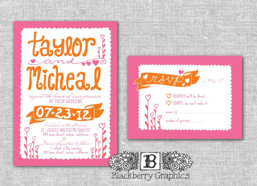 diy printable, illustrated design, banner hearts, Wedding Invitation Suite, Taylor design