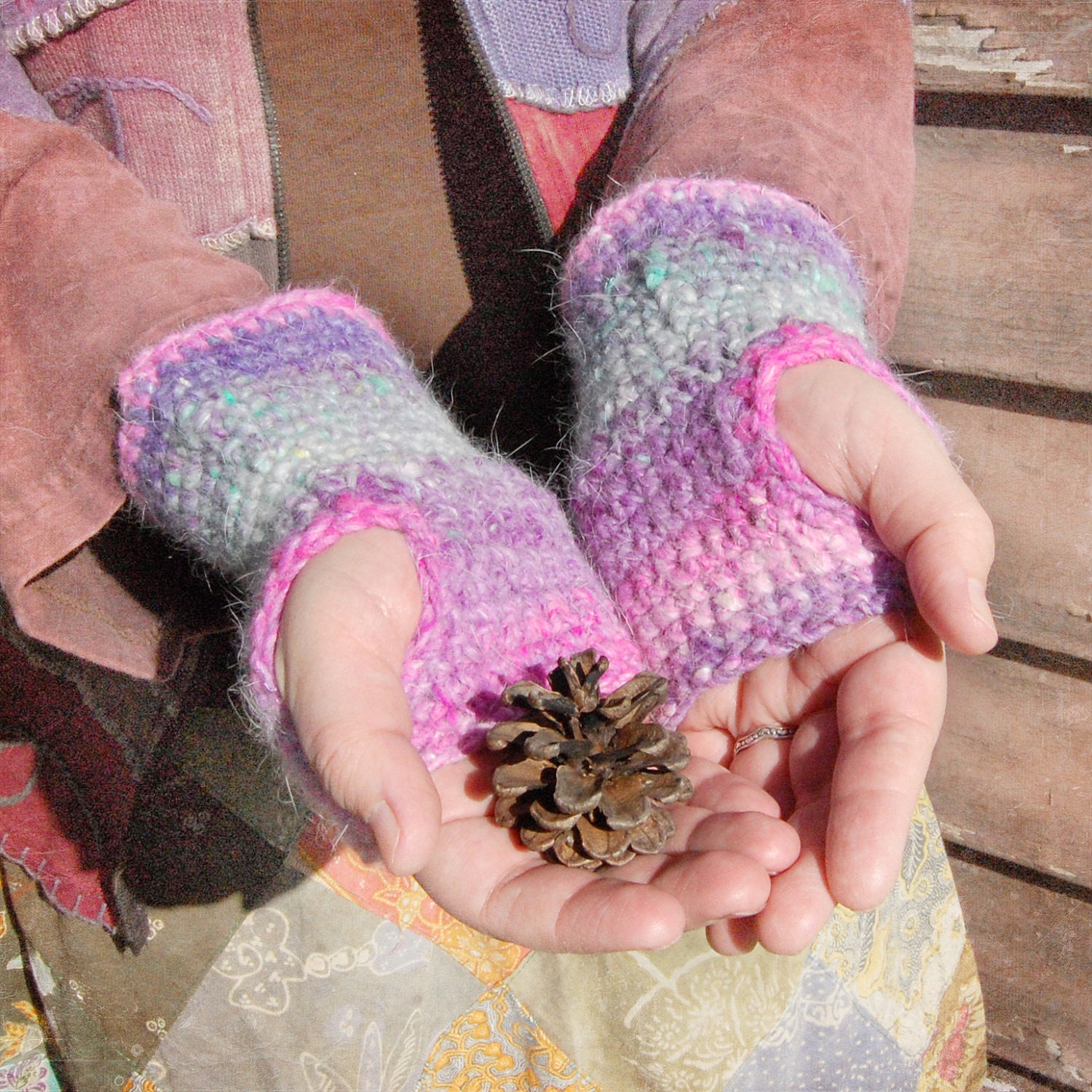 Pink and Purple Swirl, Crochet Wristwarmers - Wool