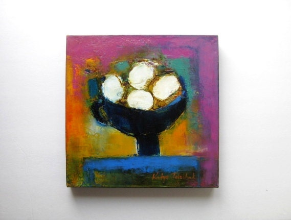 oil on canvas original still life painitng, 12x12", Eggs in Black Bowl,  Original oil on canvas Still Life painting