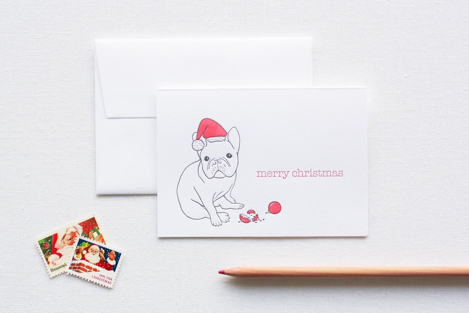 Merry Christmas French Bulldog Letterpress Card