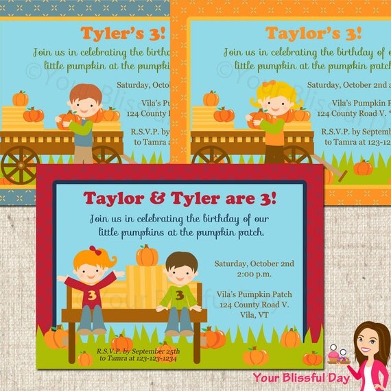 PRINTABLE Pumpkin Patch Party Invitation (Boy, Girl, or Twin/Neutral) Il_570xn