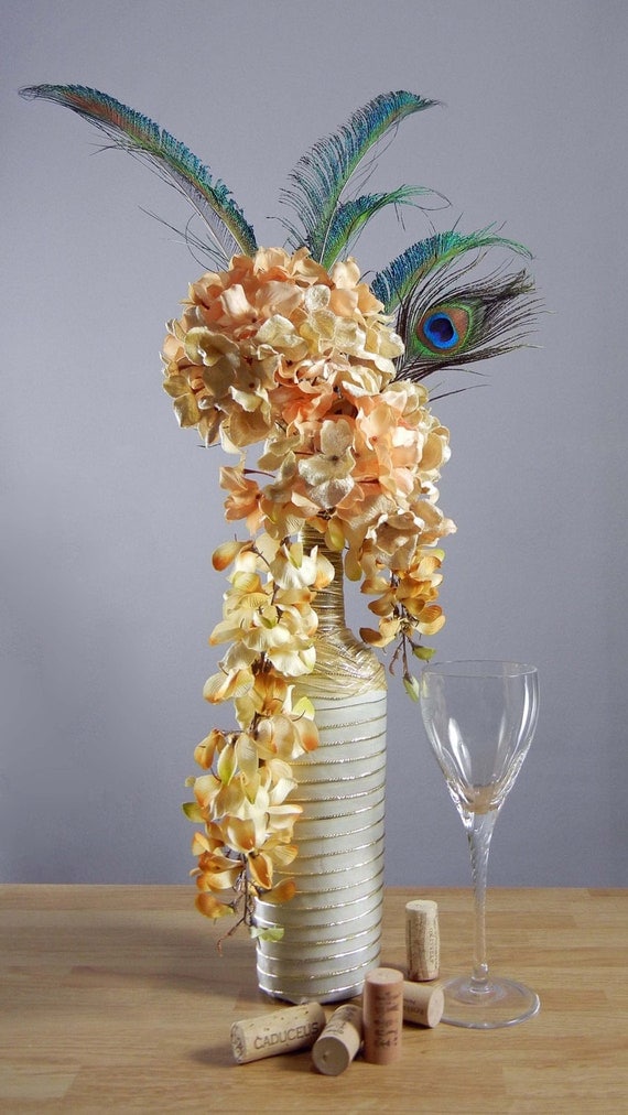 Peacock Floral Arrangement, Gold Hydrangeas with Peacock Feathers in Wine Bottle Vase
