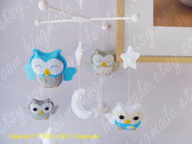 Baby Crib Mobile - Nursery Neutral Mobile - Owl Mobile - Sage Green Ocean Blue Gray White Owls in a starry night (Custom order available)