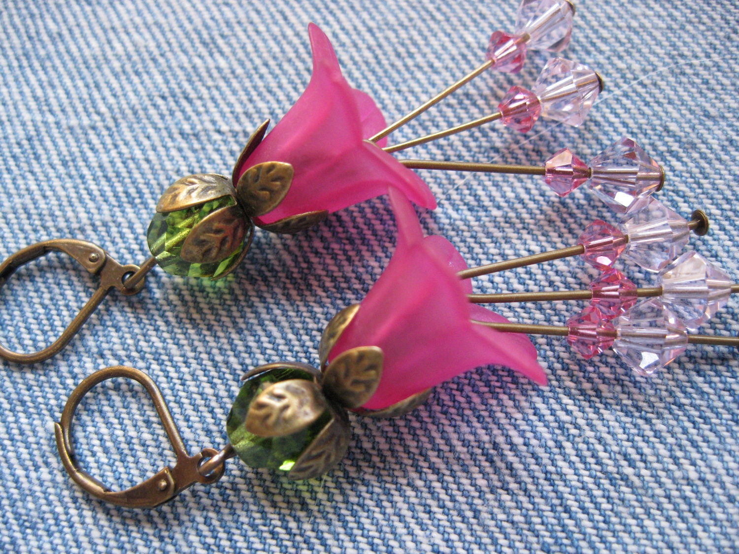 Hot Pink Bell Flower Earrings -  Swarovski Beads and Copper