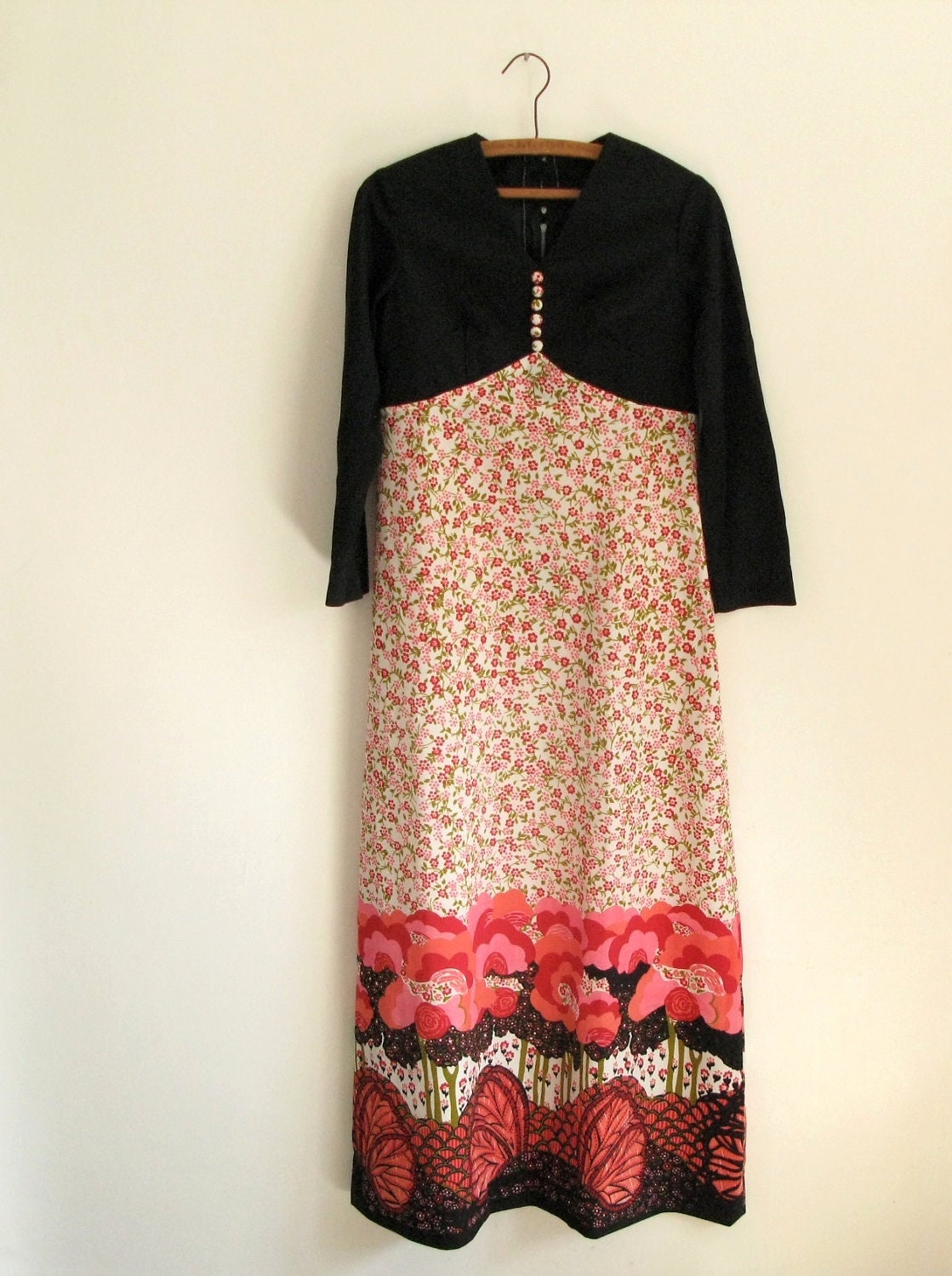 1960s vintage psychadelic maxi dress - black pink red - floral print - long sleeves - small / medium