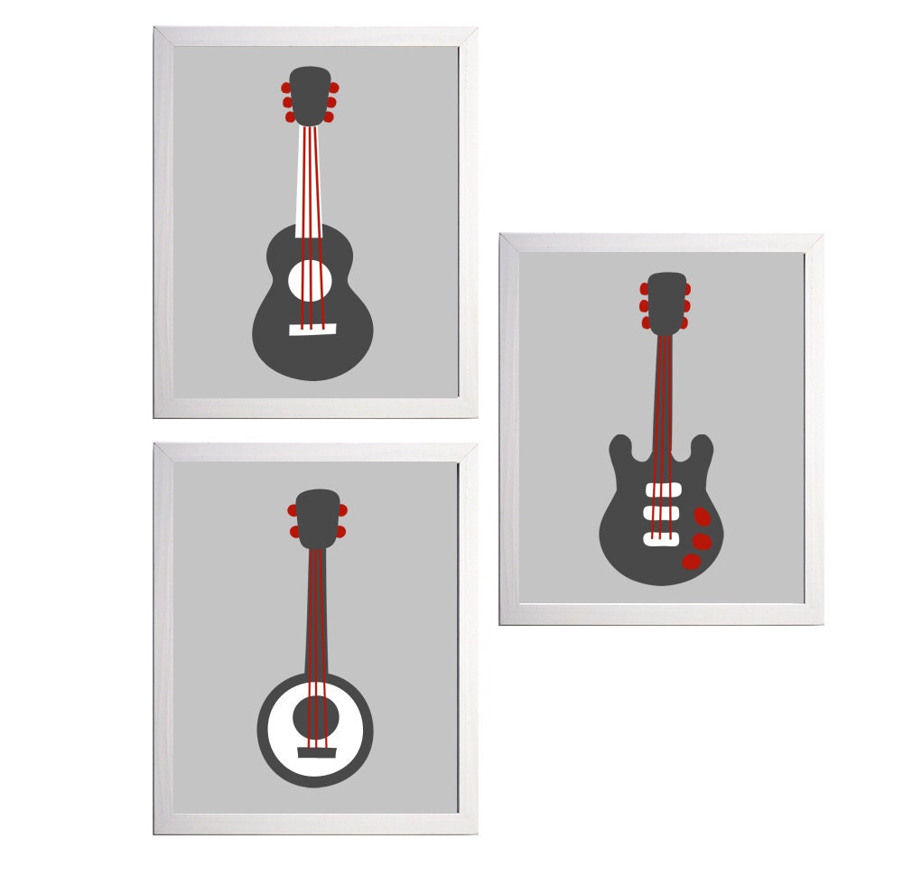 Nursery Art Guitar Music Banjo Grey Red Boy Kids Room set of 3 wall art prints each 11x14