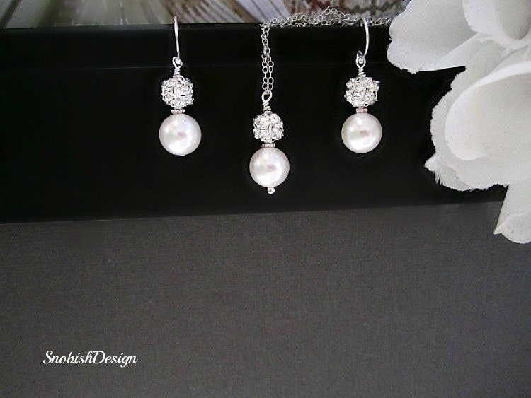Wedding Jewelry Set, Swarovski Pearl, Swarovski Crystal Pave Bead, Dainty Wedding Necklace and Dangle earrings, bridal jewelry, bride