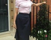 1940s 1950s white and pink pin stripe vintage secretary blouse with white collar .